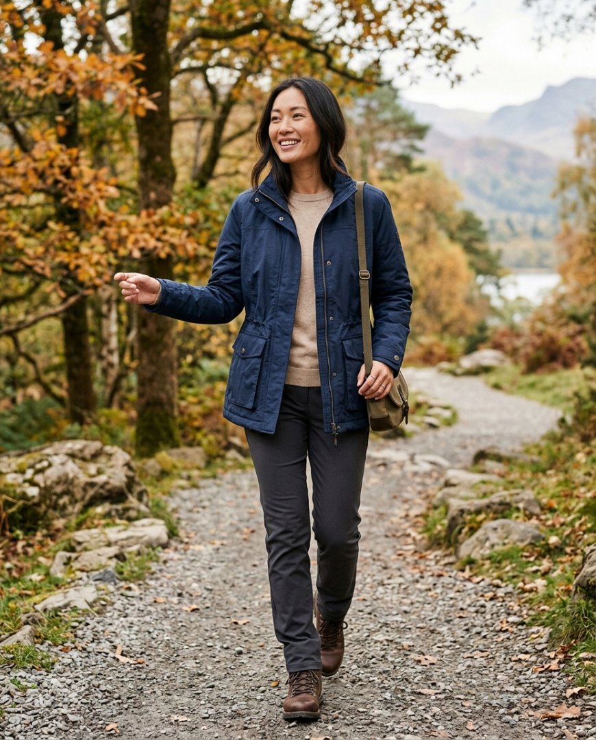 경량 점퍼와 운동화를 착용한 여성
