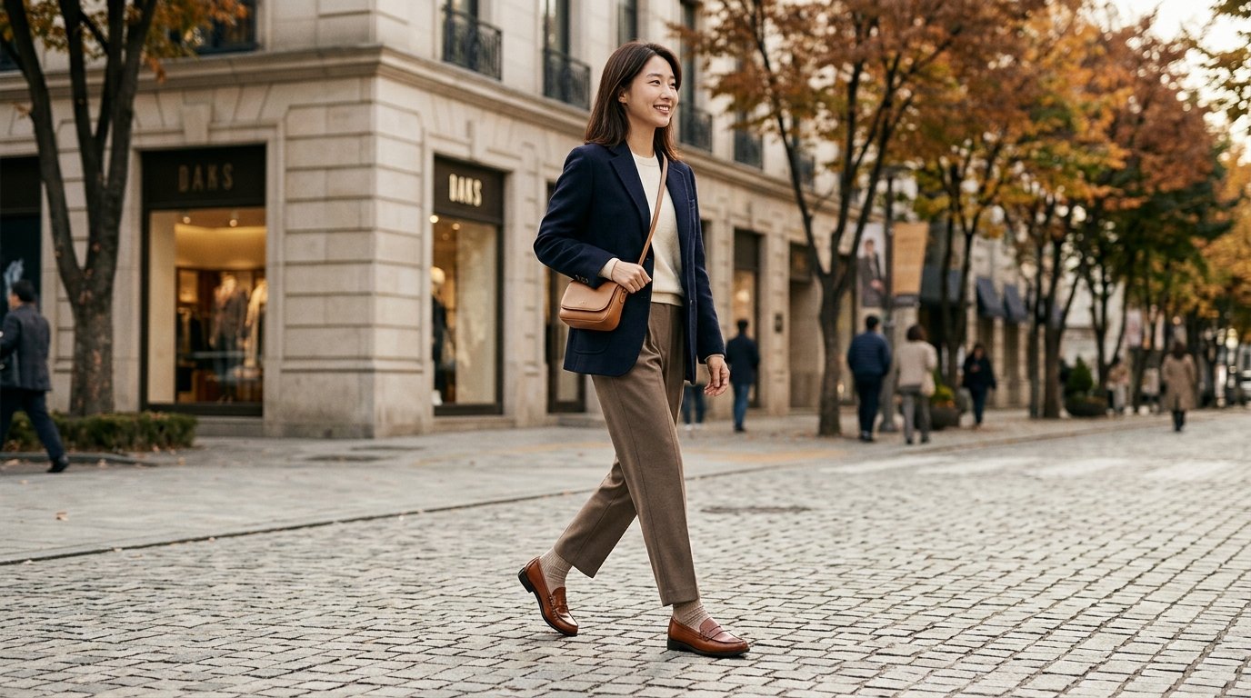 다양한 색상의 로퍼와 의상이 깔끔하게 진열된 장면