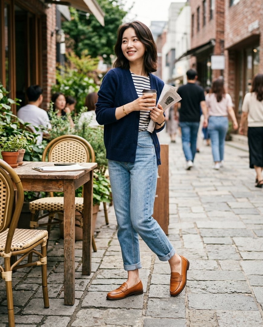 데님 팬츠와 로퍼로 편안하게 스타일링한 모습