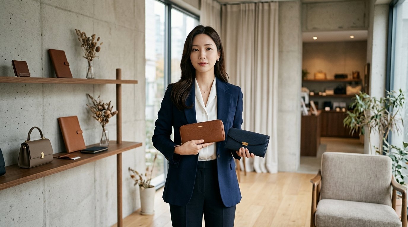 럭셔리 장지갑들이 우아하게 진열된 모습