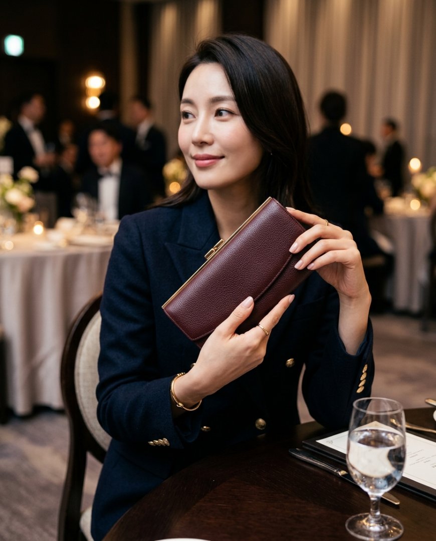 고풍스러운 서재에 놓인 클래식한 브라운 지갑