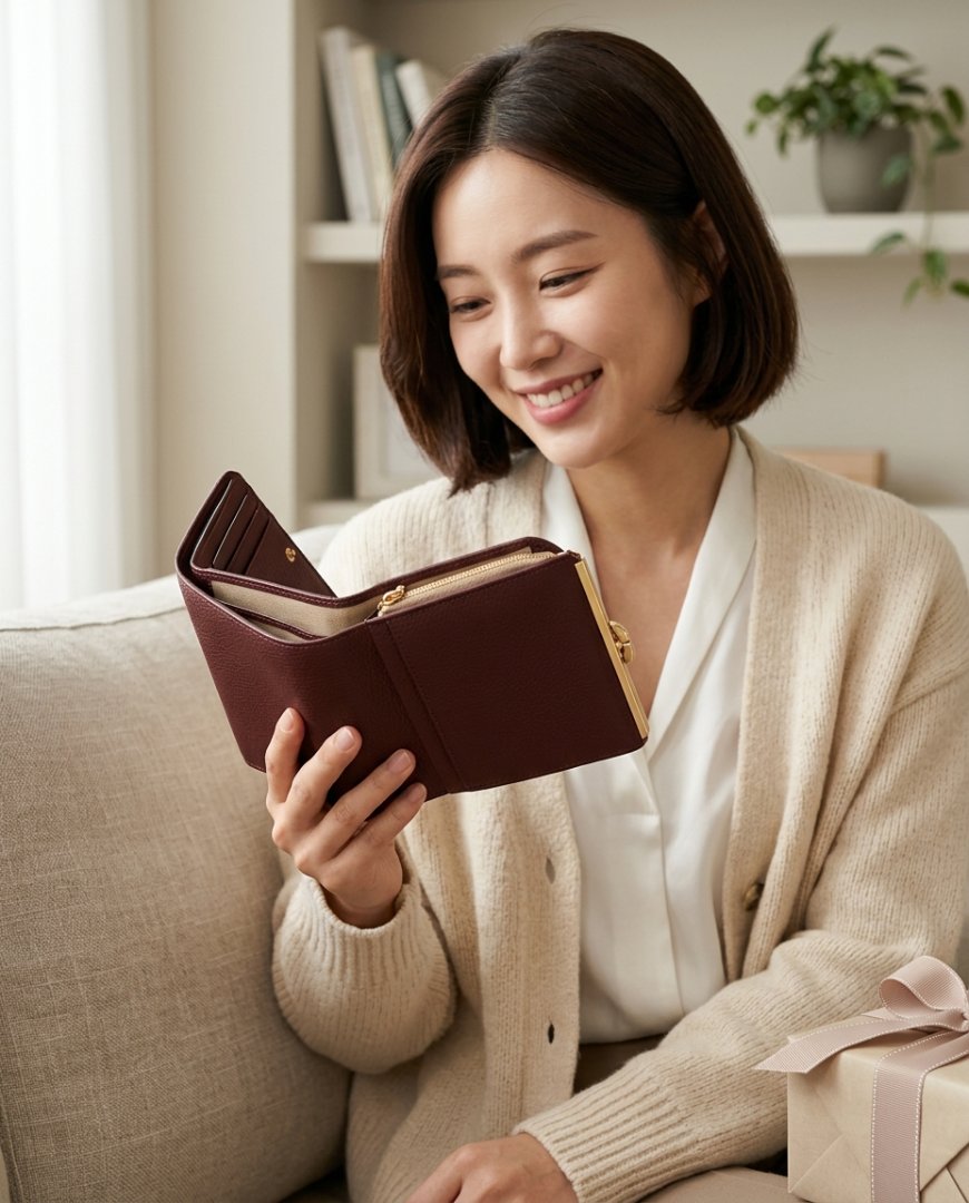 선물 상자 안에 담긴 레드 중지갑 장면