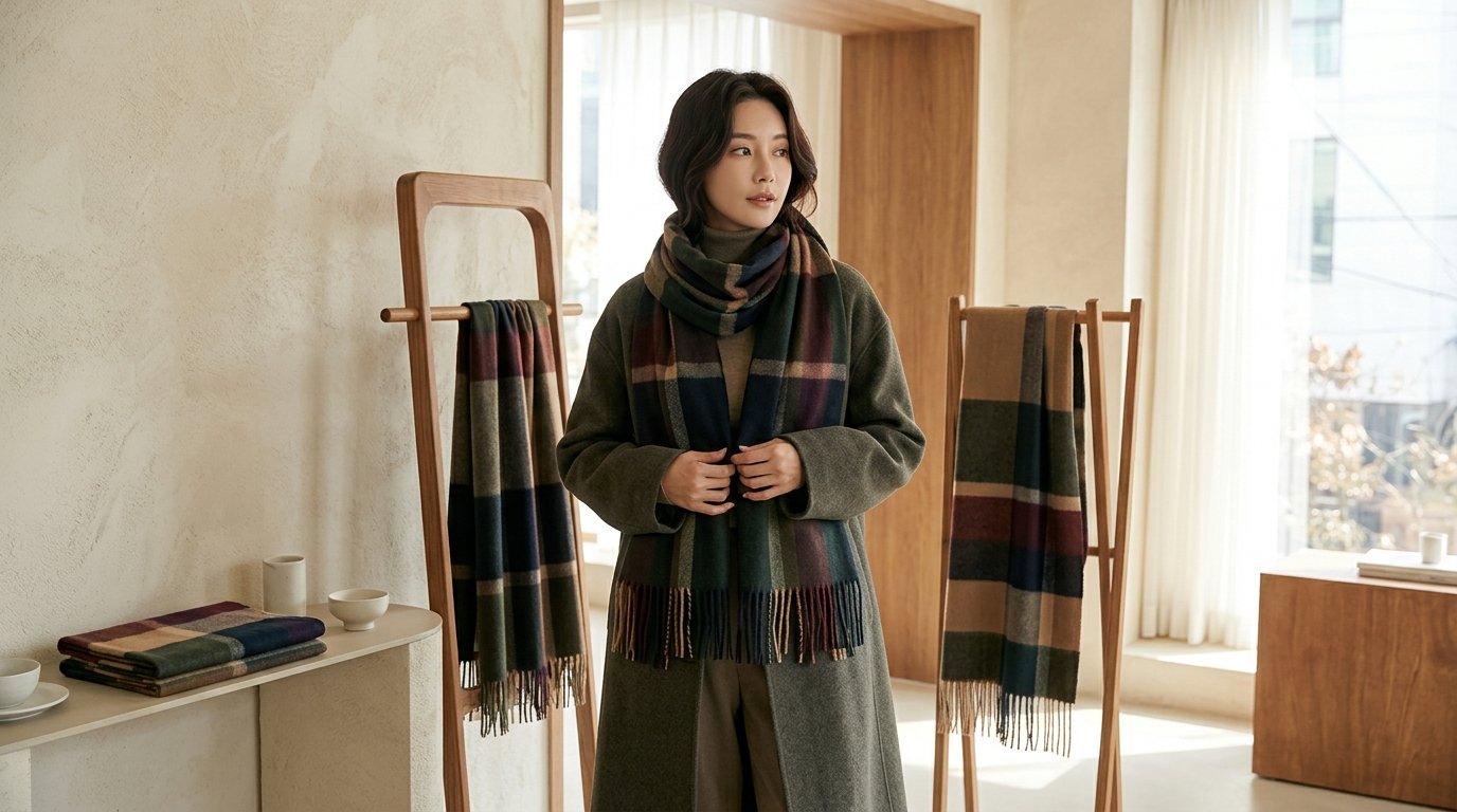 브라운 톤의 캐시미어 머플러, 겨울 코디와 함께 착용한 모습.