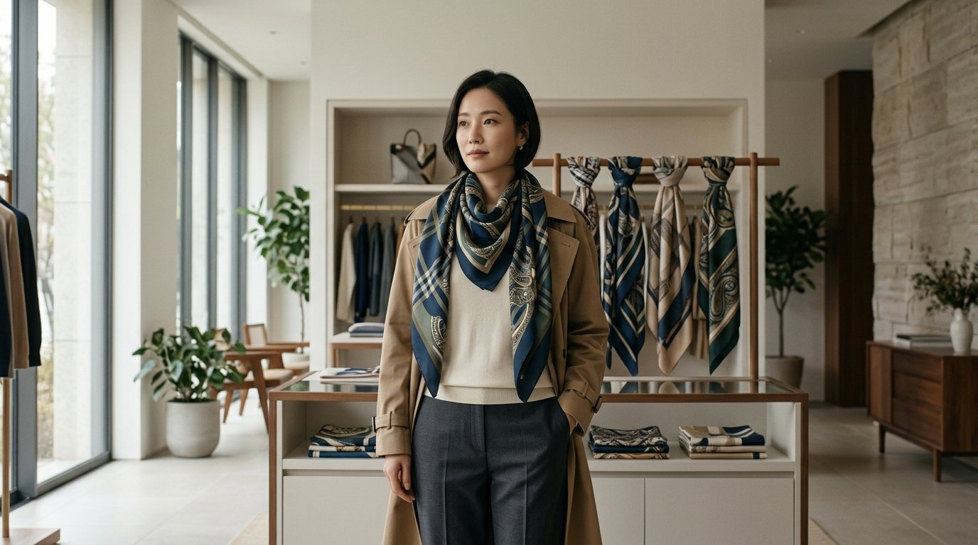 다양한 여성 스카프가 패션과 함께 놓여 있는 장면