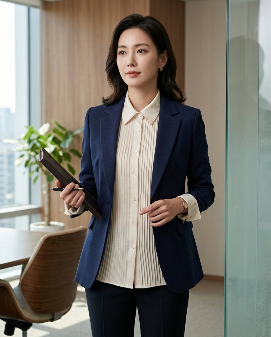 사무실에서 네이비 셔츠를 입고 있는 여성