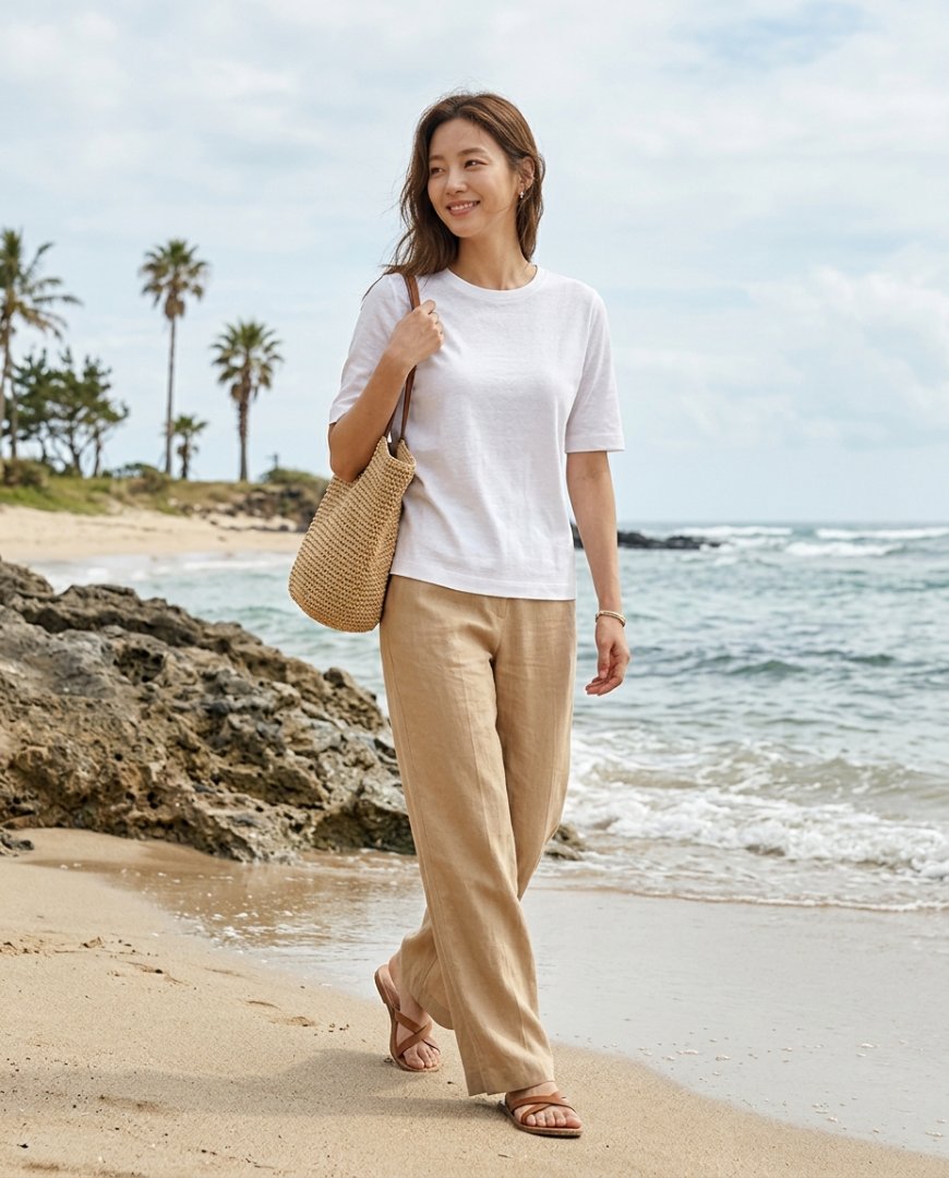 해변에서 반팔티셔츠와 쇼트 팬츠 조합