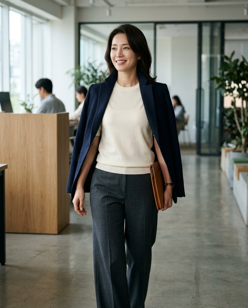 오피스에서 반팔티셔츠와 슬랙스 조합