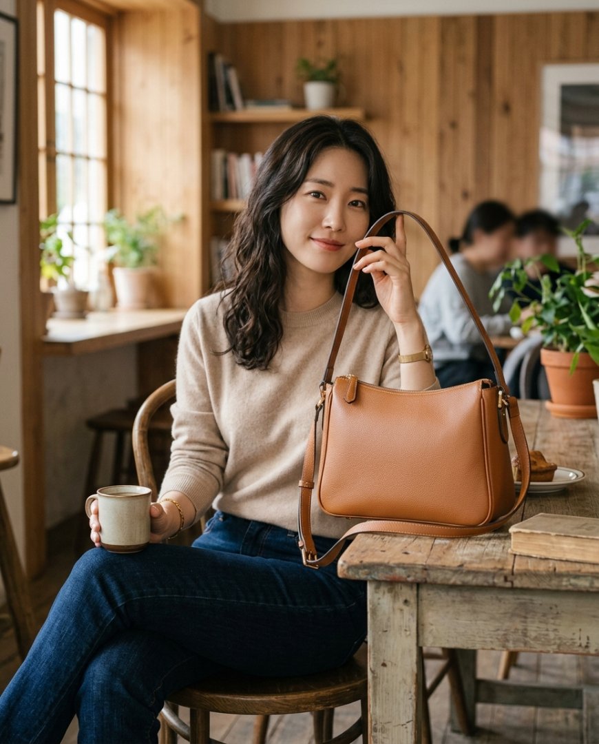 캐주얼룩과 조화를 이룬 숄더백의 모습