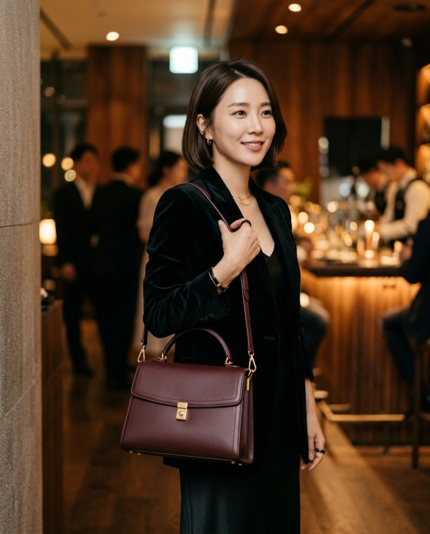 우아한 드레스와 매치한 숄더백의 모습