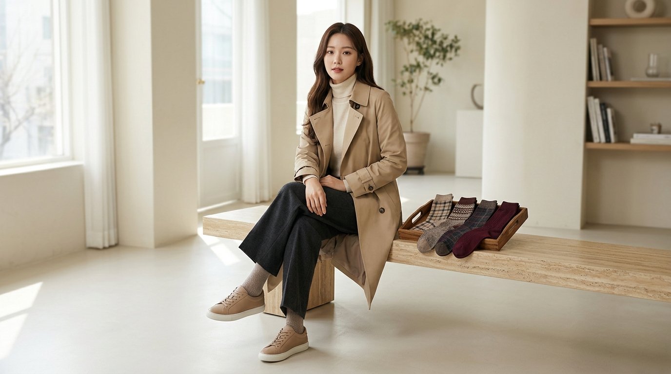카펫 위에 다양한 여성 양말이 펼쳐져 있는 장면