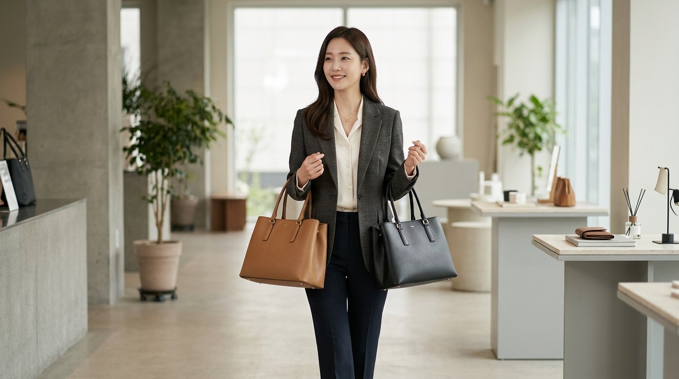 패션-conscious 열린 공간에 놓인 닥스 여성 토트백