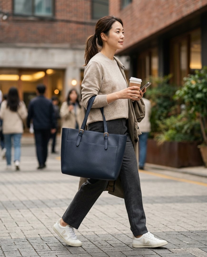 도시 공원에서 여성이 닥스 토트백을 들고 있는 모습