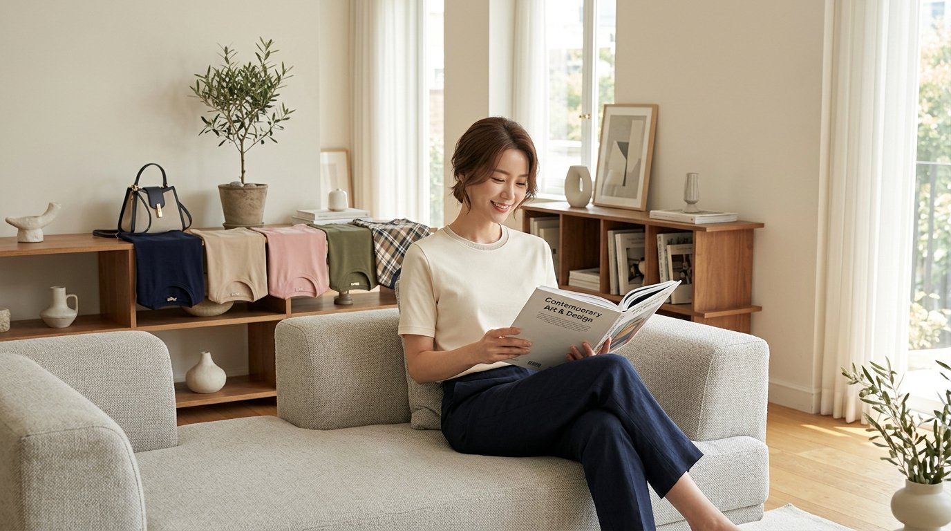 일상에서 자유롭게 착용하는 여성 티셔츠와 스커트 조합
