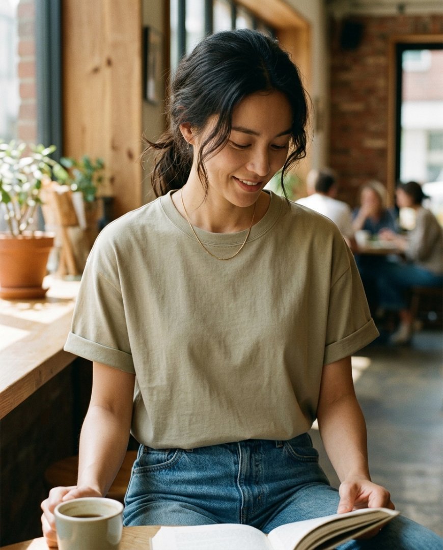 편안한 분위기의 티셔츠와 청바지 조합