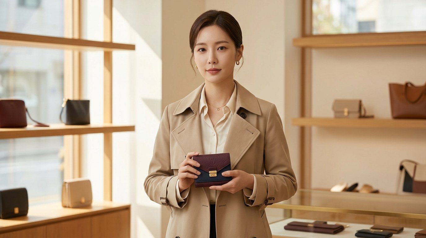 다양한 반지갑이 한 진열대에 놓여 있는 백화점 풍경