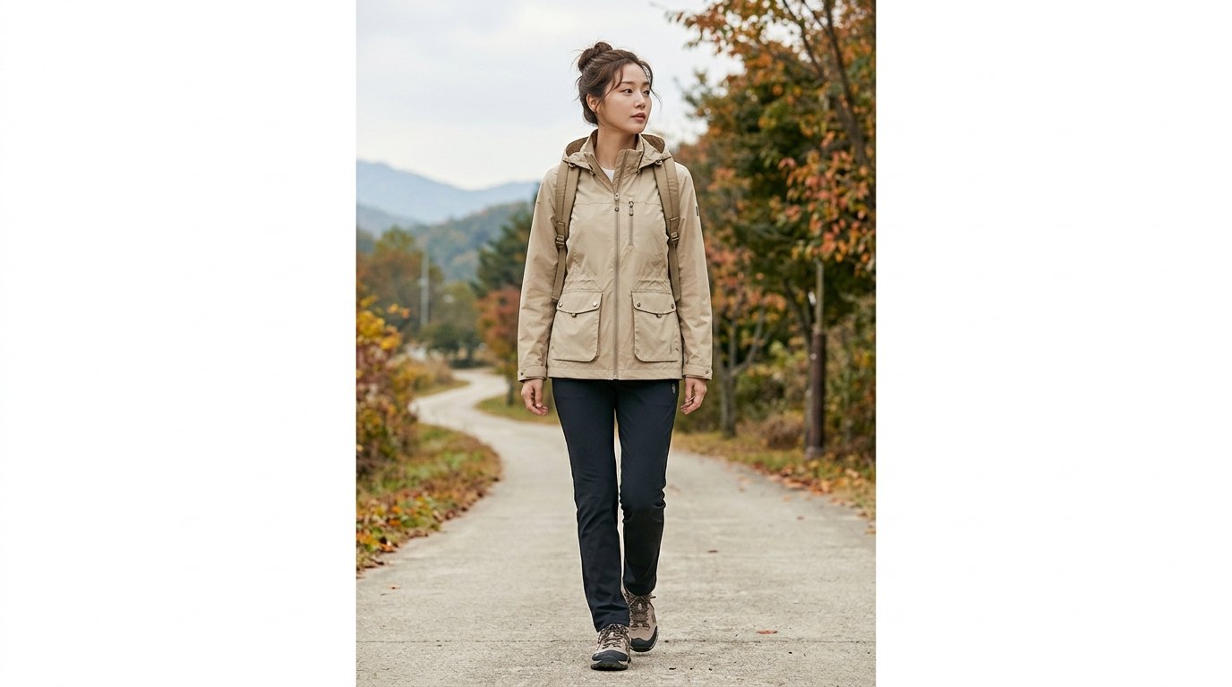 경쾌한 도심 속 여성이 바람막이를 입고 활보하는 모습