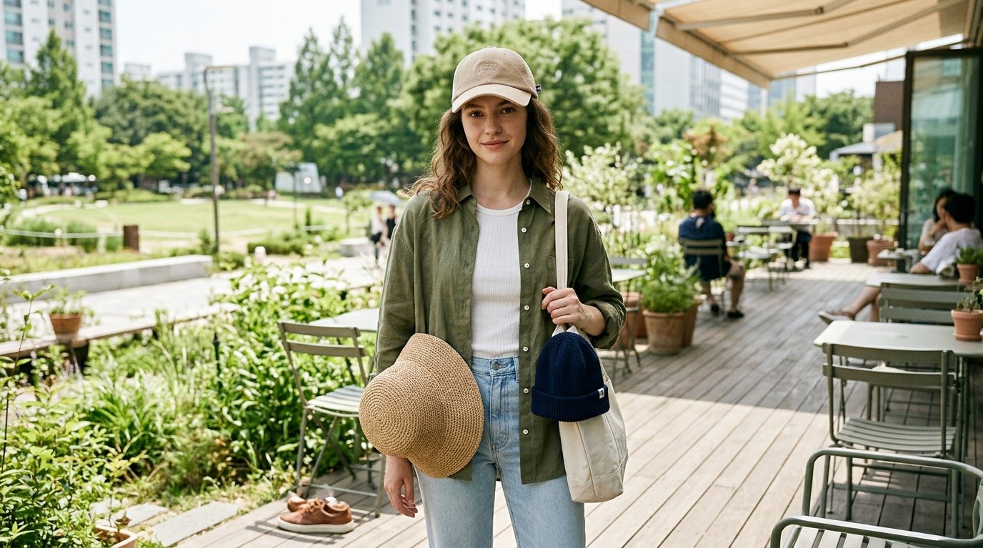 여름 공원에서 사람들 머리에 모자 착용한 장면