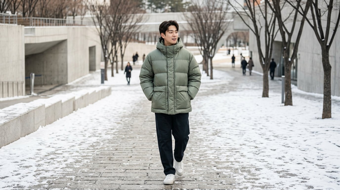 공원에서 캐주얼 복장을 위한 다운점퍼와 데님, 스니커즈를 함께 놓은 장면