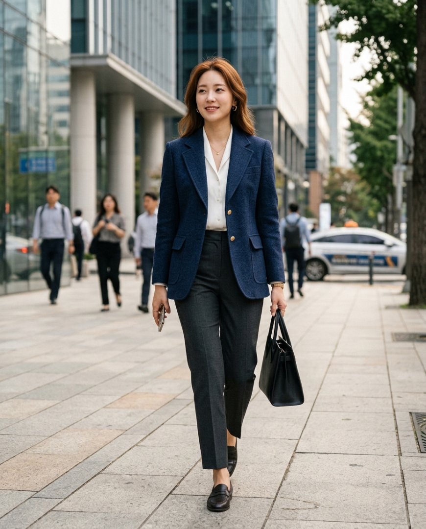 블랙 자켓과 슬랙스를 매치한 도심 속 직장인
