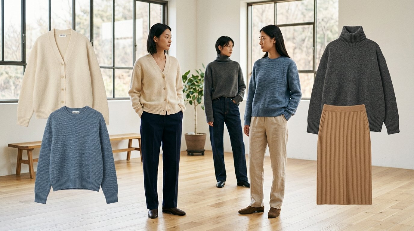 카페에서 여러 색상의 니트를 입고 있는 사람들 모습