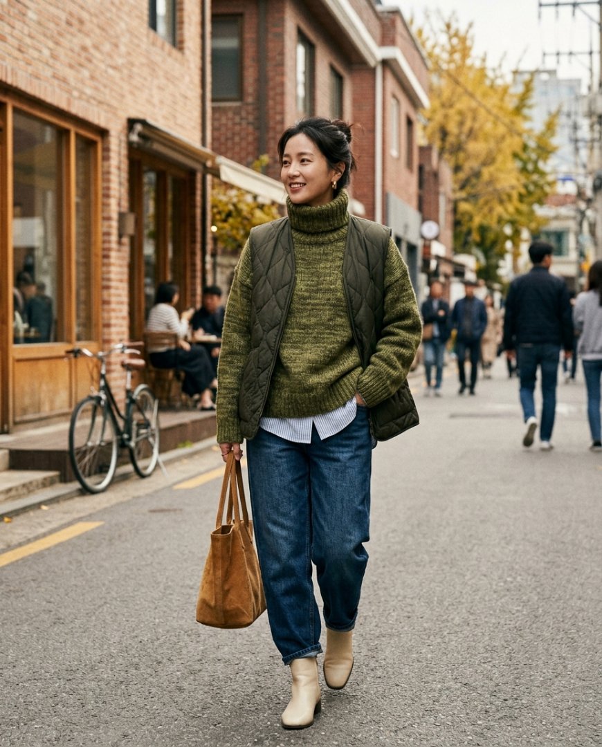 거울 앞에서 아이보리 니트를 입은 모습