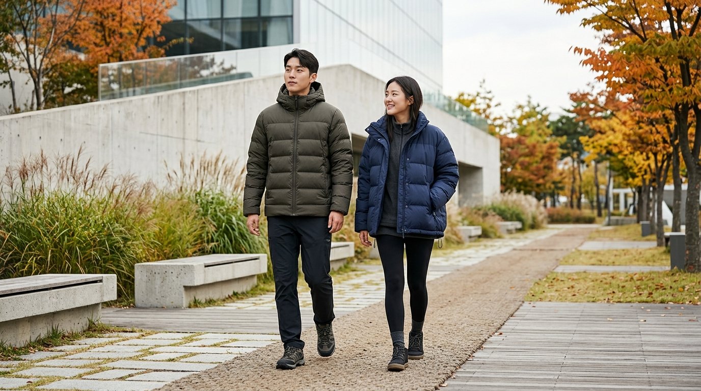 도시 배경의 다양한 스타일의 패딩점퍼들