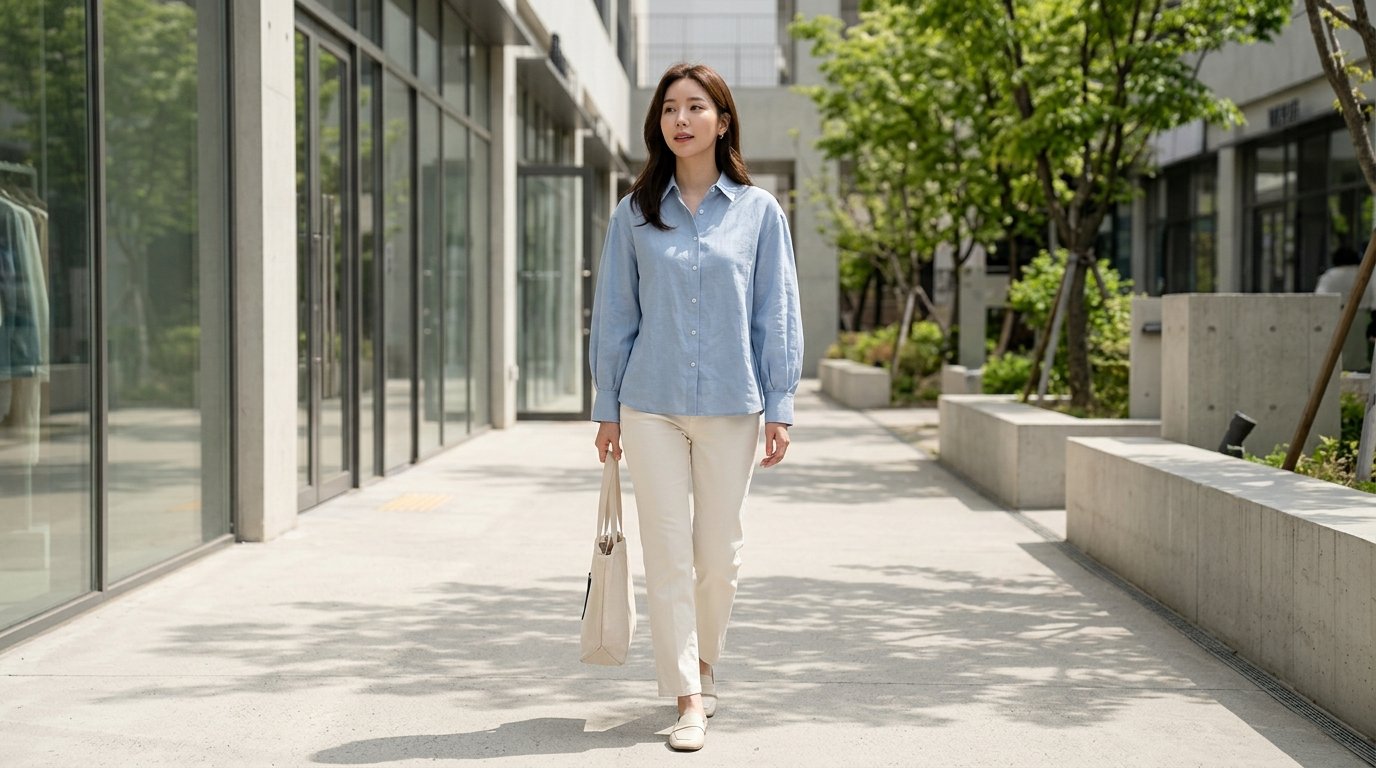여러 모델이 다양한 블라우스를 입고 서 있는 모습