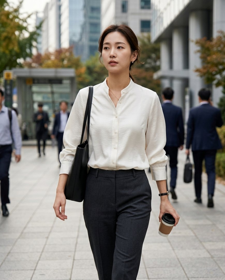 정장 셋업과 화이트 블라우스를 입은 직장인