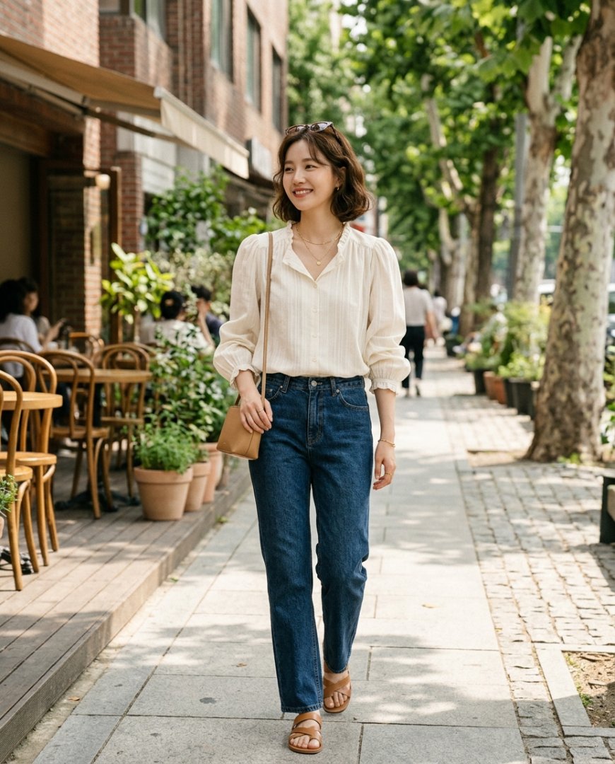 공원에서 데님과 블랙 블라우스를 입은 모델