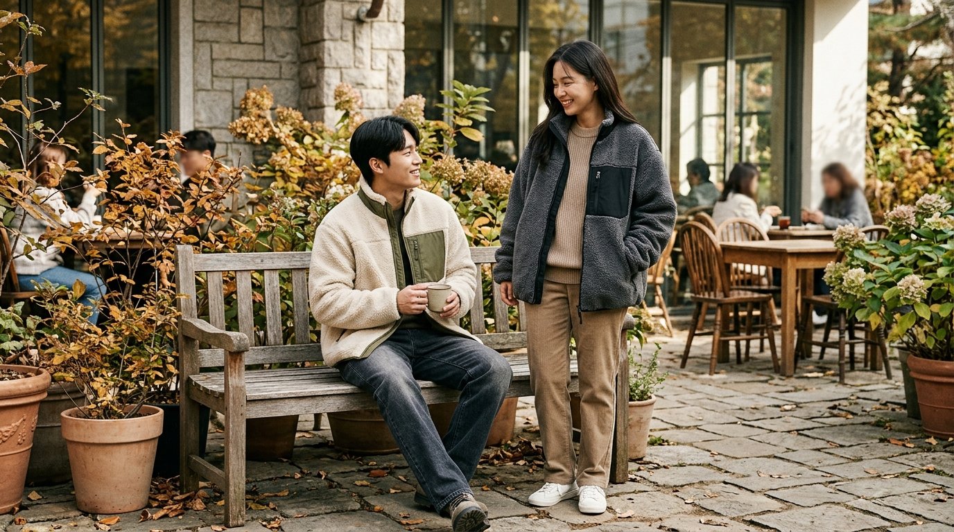 다양한 스타일의 플리스자켓을 입고 거리를 걸어가는 사람들 모습