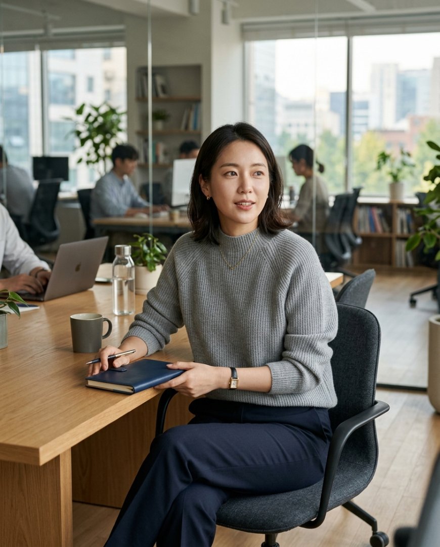 슬랙스와 함께 세련된 니트가 놓인 사무실 책상