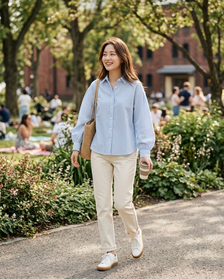 데님 팬츠와 블라우스가 카페 테이블에 놓여 있는 장면