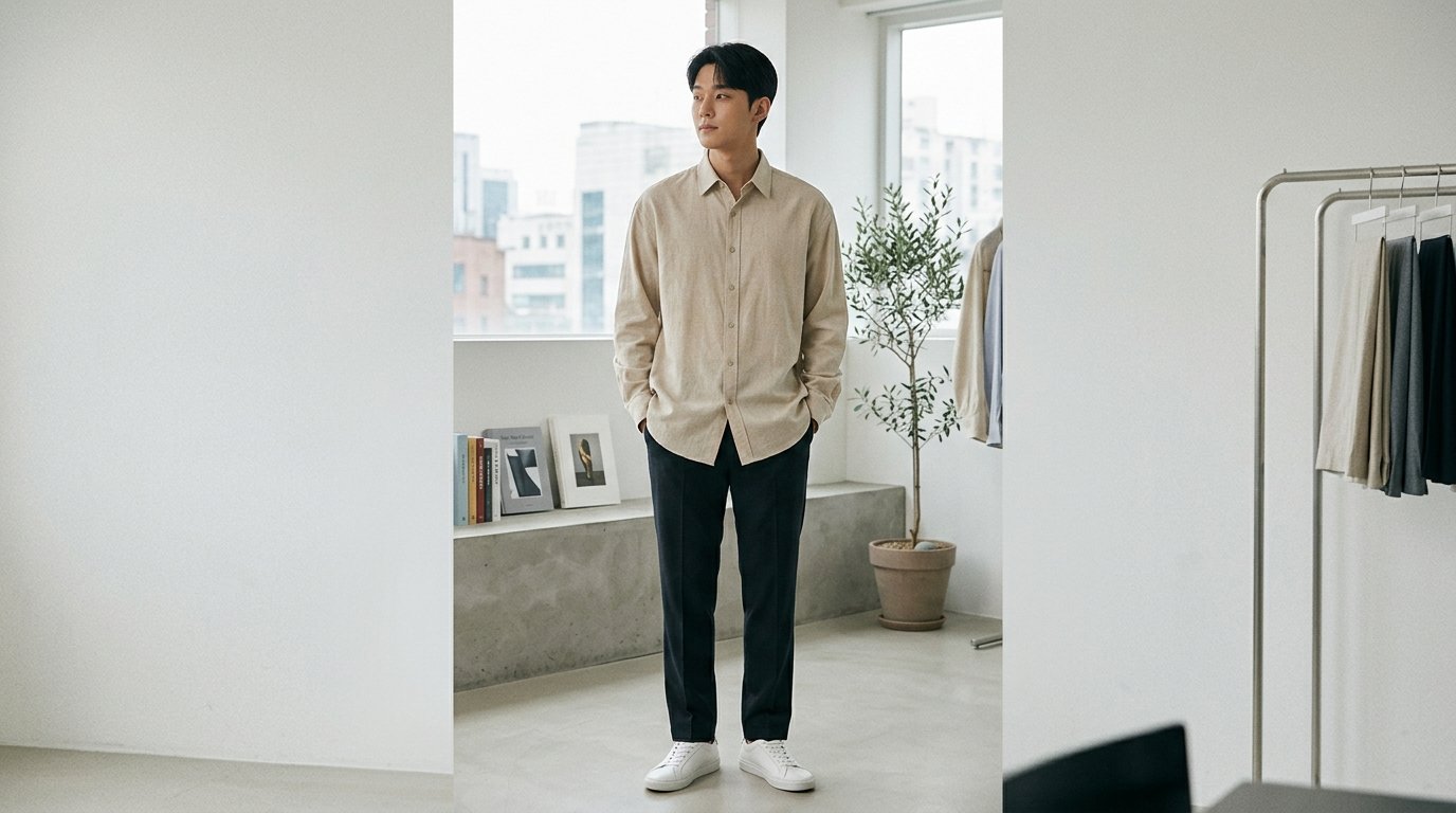 자연스러운 배경에서 캐주얼 셔츠를 입은 모델