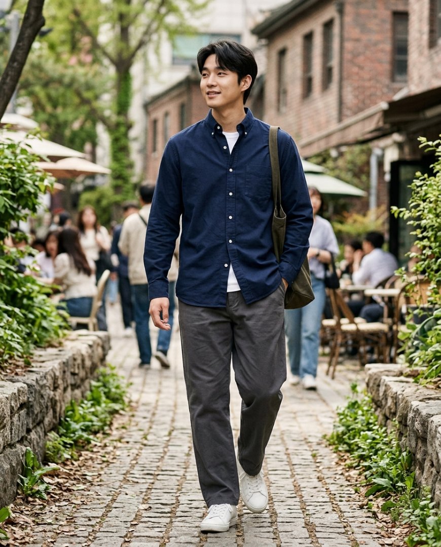 공원에서 데님과 셔츠를 입고 있는 모습
