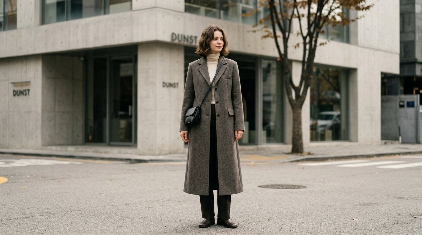 모델이 블랙 롱자켓을 입고 산책하는 장면