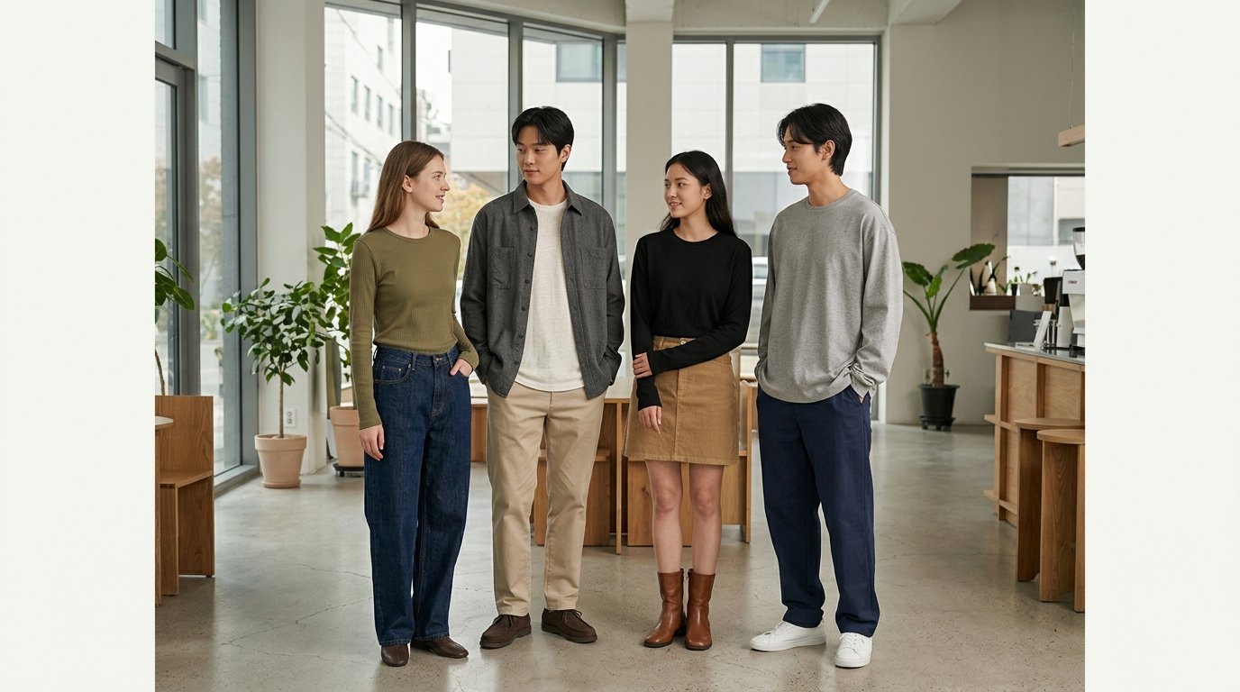 모델들이 다양한 스타일의 긴팔티셔츠를 착용한 전신 장면