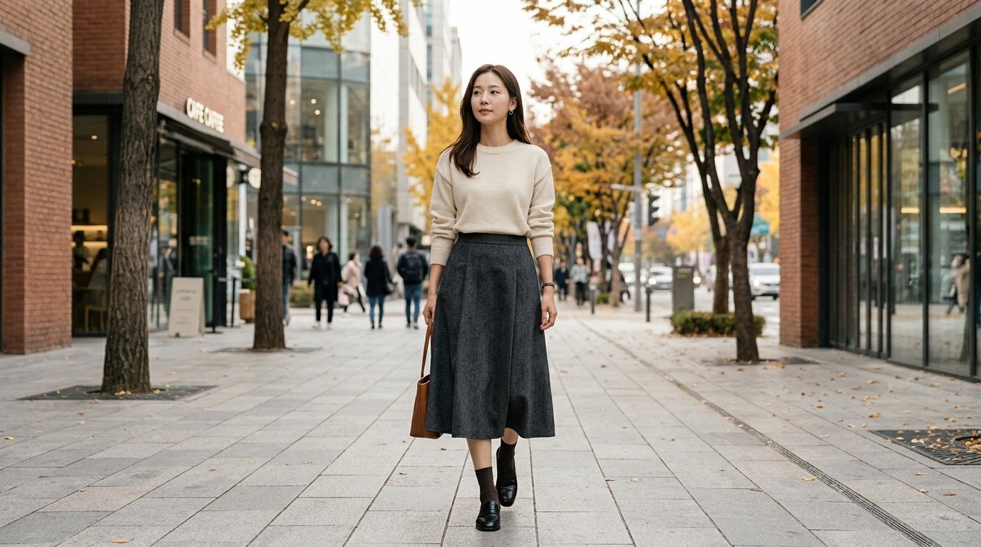 도시 건물 앞에서 미디스커트를 입고 포즈를 취한 사람들