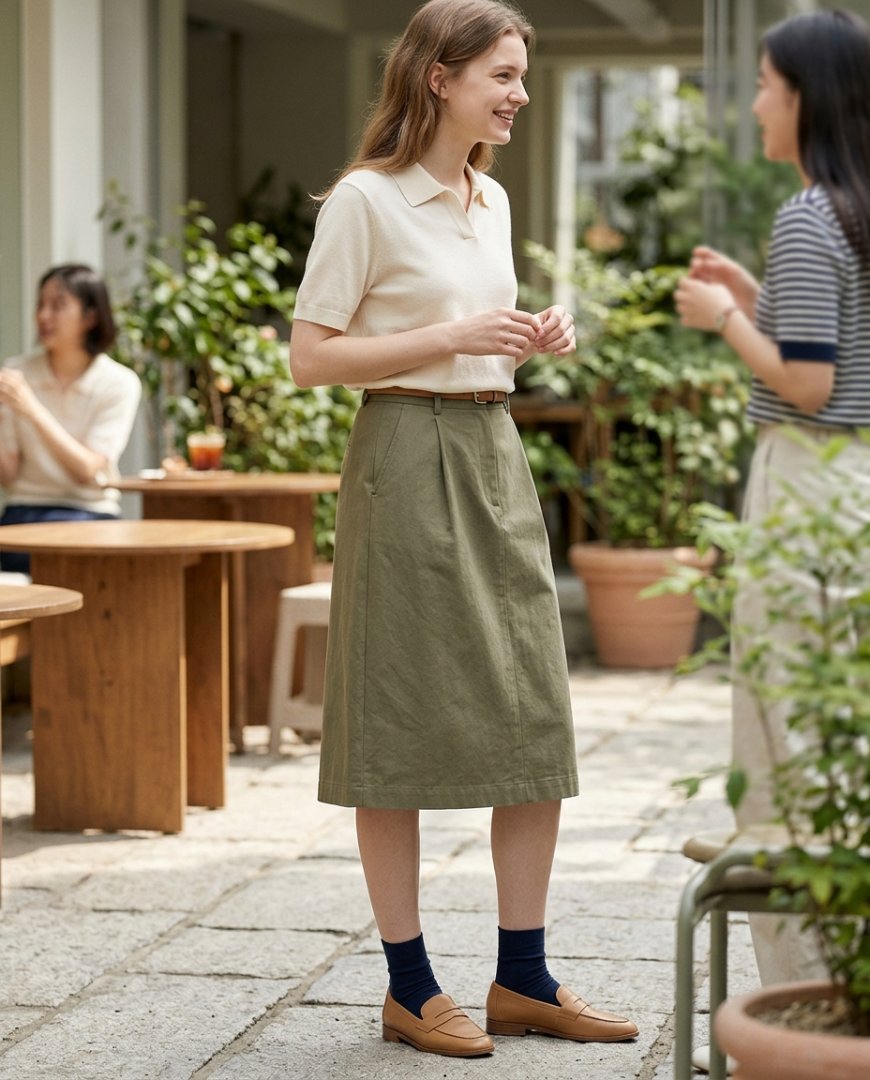 밝은 카페에서 미디스커트와 니트를 입고 있는 사람