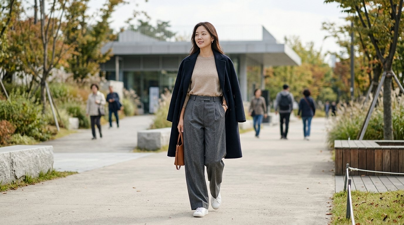 도시 배경에 다양한 팬츠와 상의 스타일링.