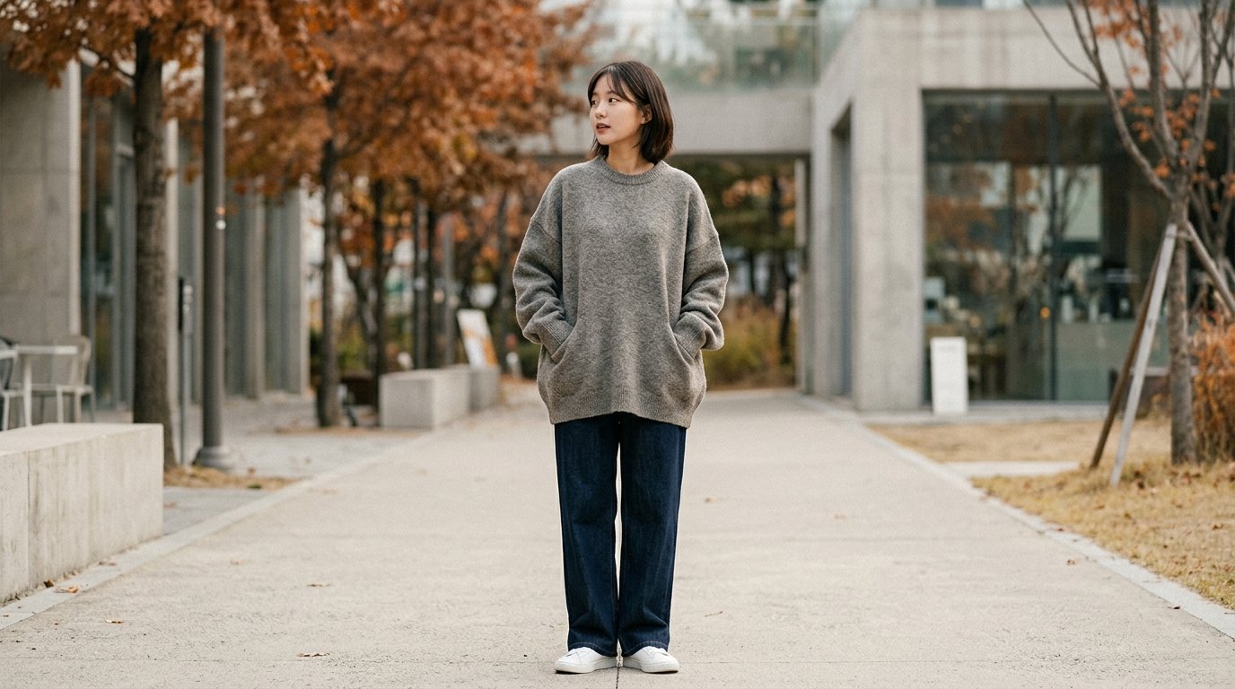 다양한 스타일의 던스트 풀오버를 착용한 모델들이 도시 배경에서 걸어가는 모습