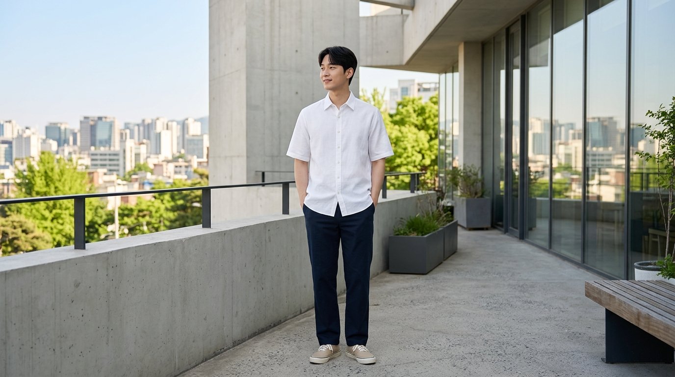 밝은 드레스룸에 반팔셔츠가 정리된 모습
