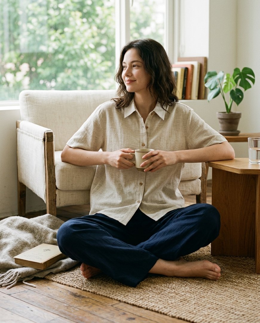 공원 배경의 데님과 브라운 셔츠 코디