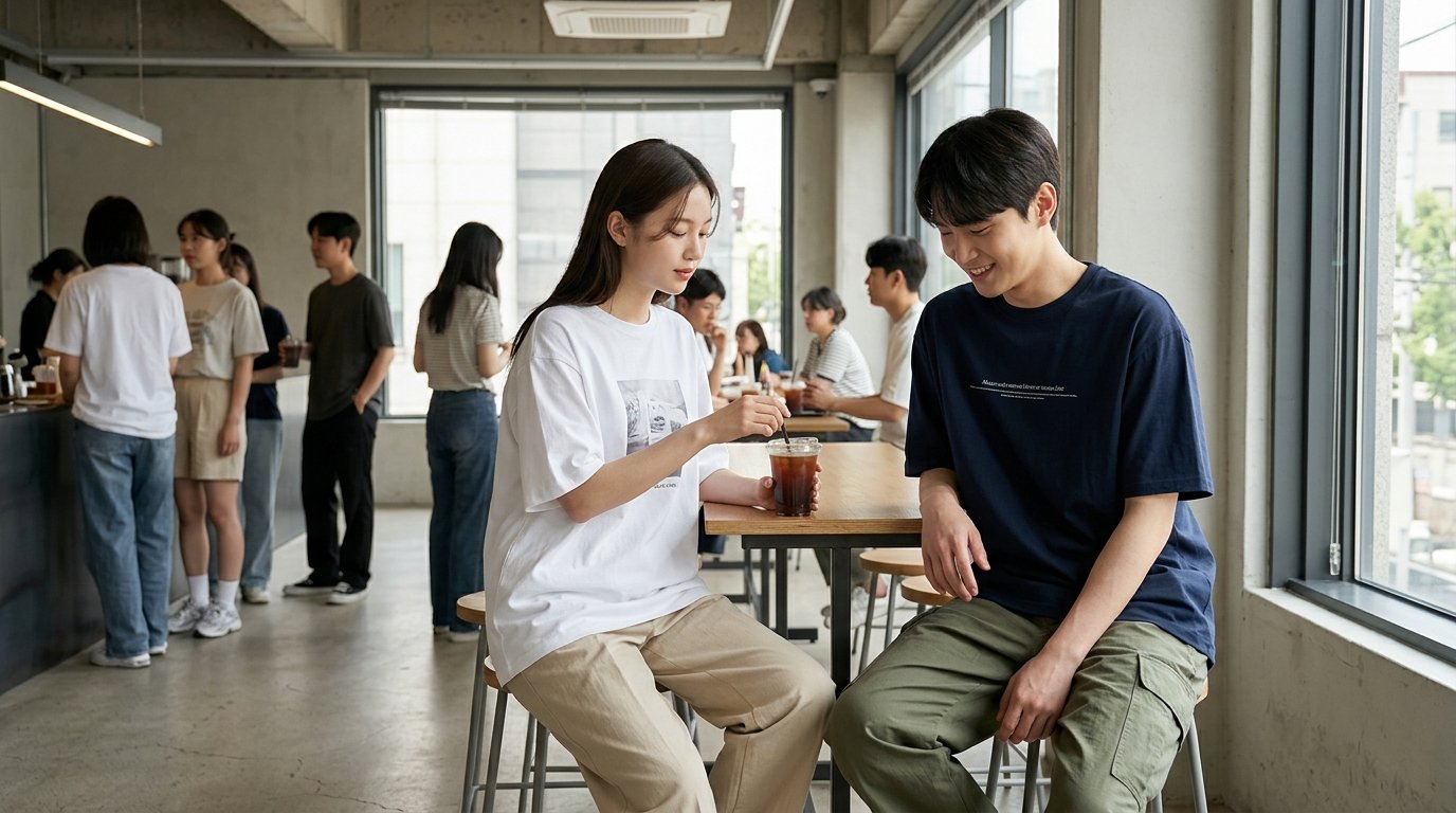 스튜디오 테이블 위 다양한 반팔티셔츠 모음