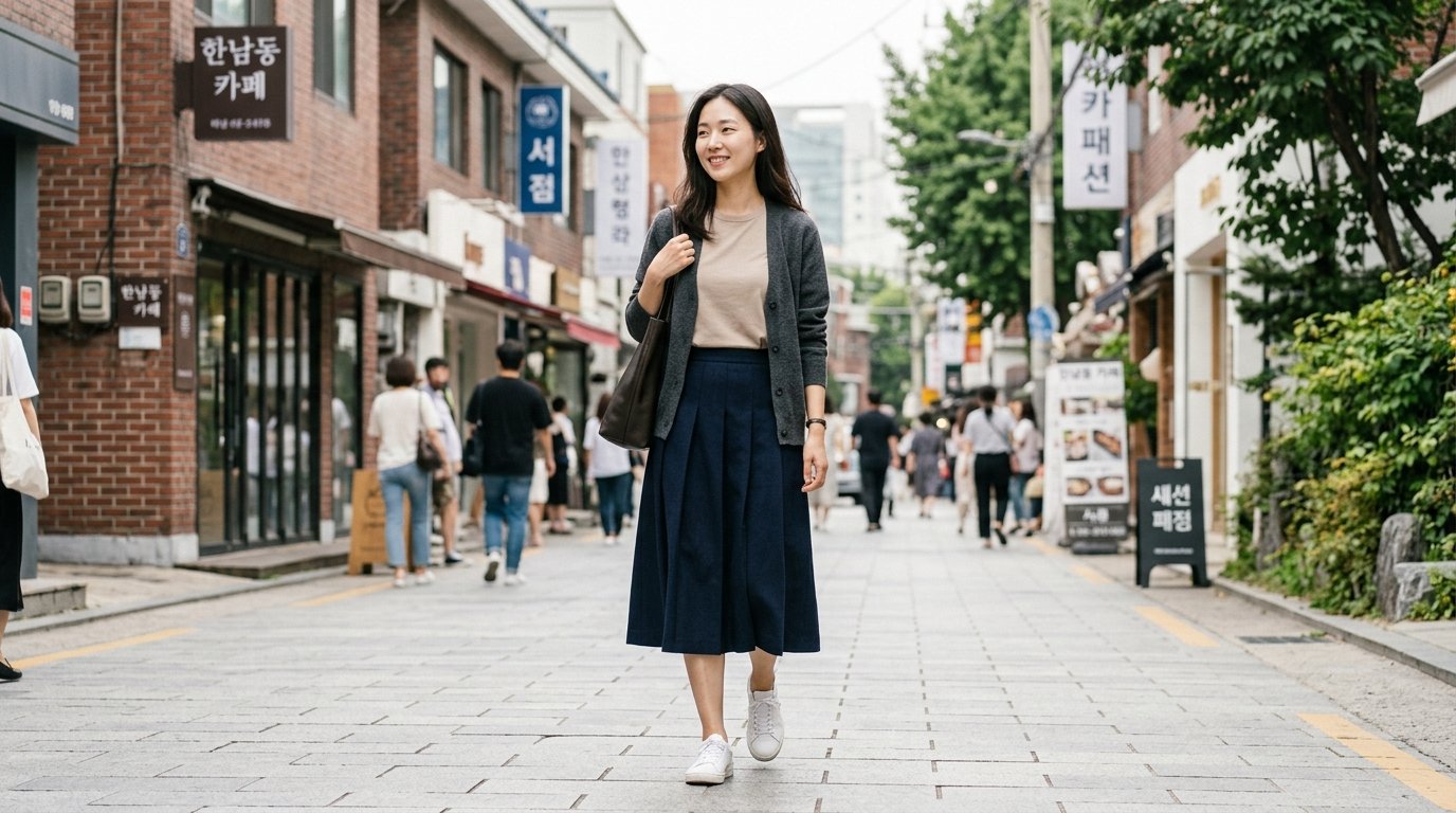 넓은 시야로 배열된 다양한 스커트와 사람들이 오가는 거리 장면