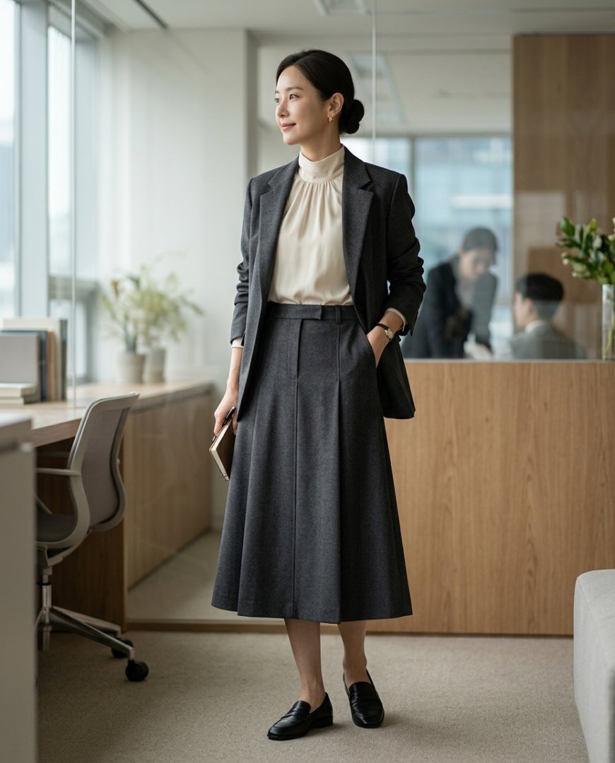 정면 조명 아래서 미디스커트를 입고 블라우스와 로퍼를 매치한 직장인 모습