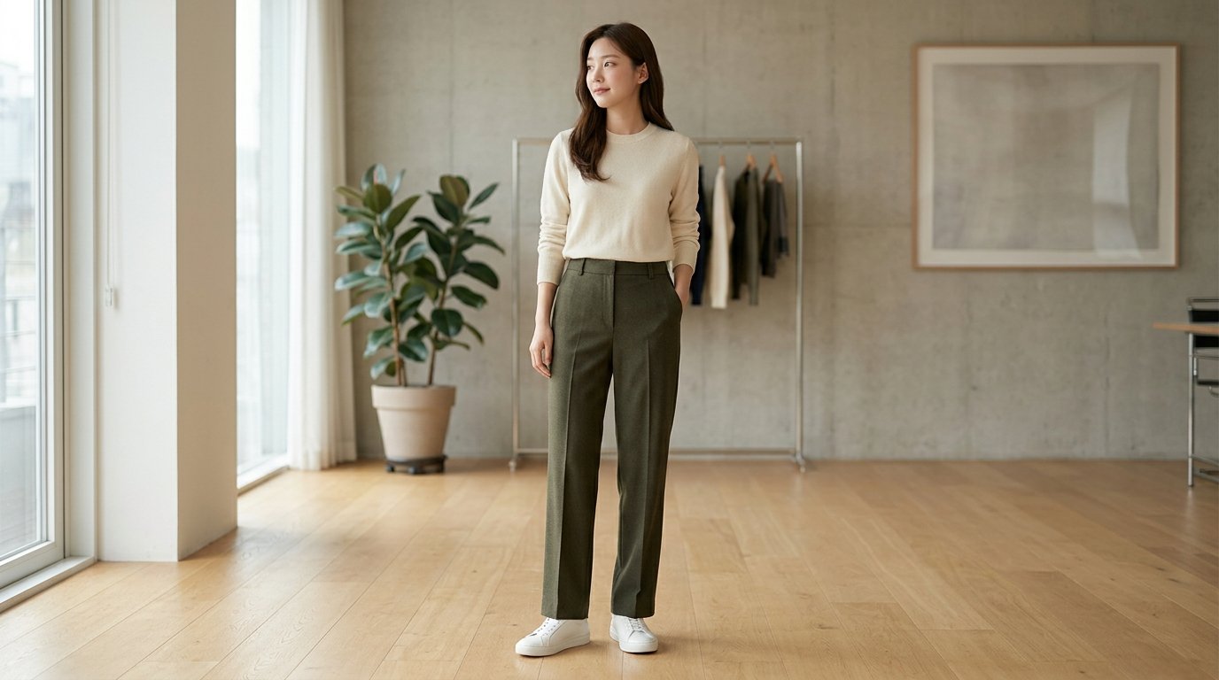 도심에서 슬랙스를 입고 걷는 사람들