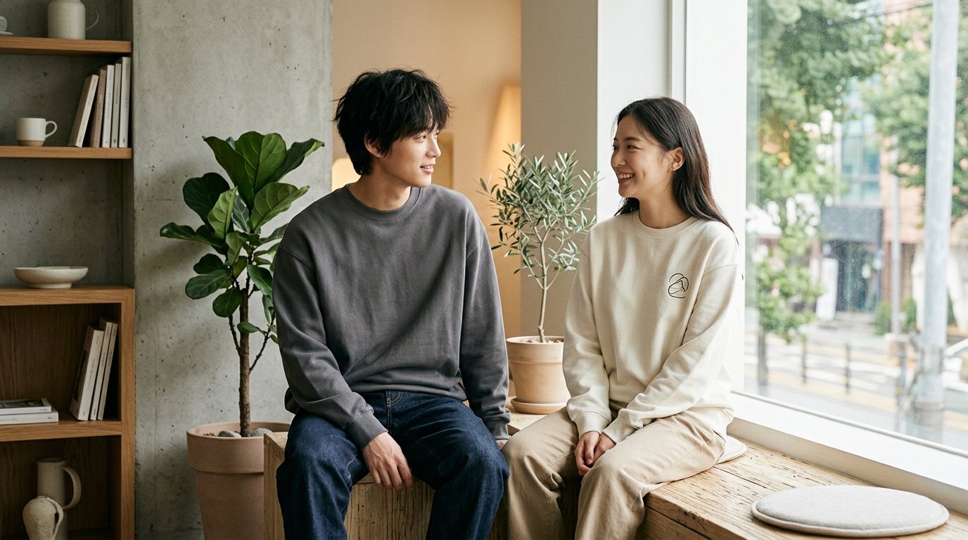 여러 사람이 공원에서 다양한 스타일의 맨투맨을 입고 있습니다.