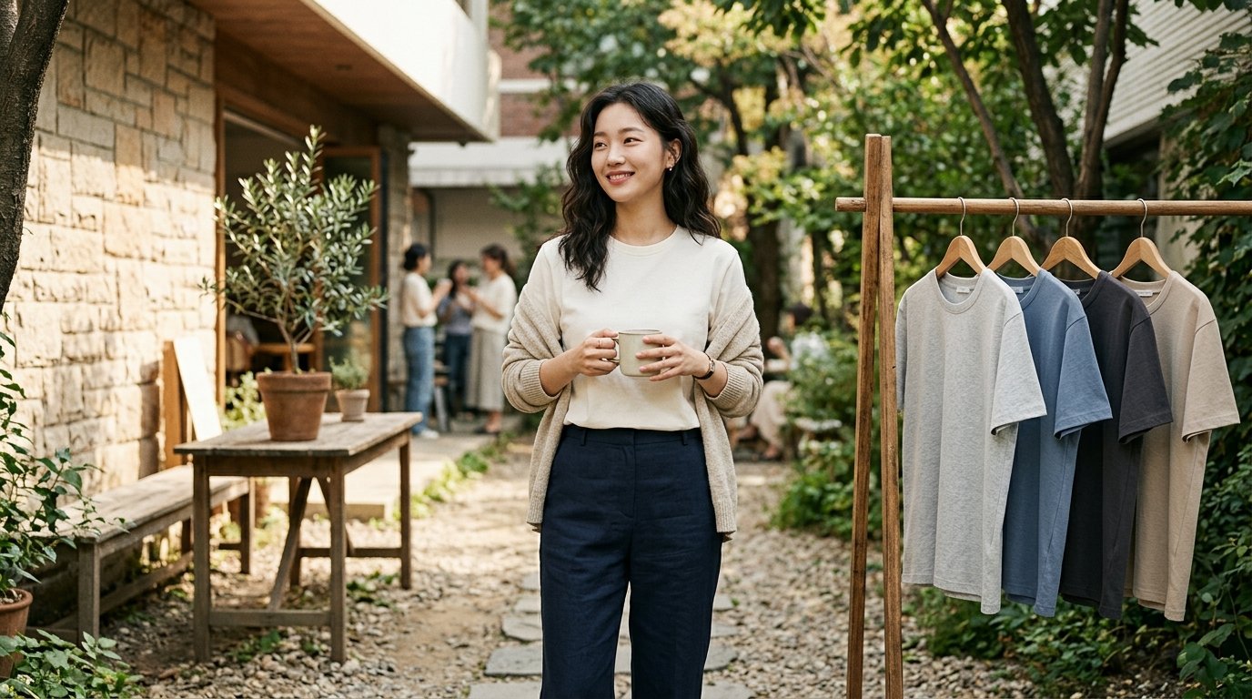 여러 사람들이 다양한 티셔츠를 입고 휴식 공간에 있는 모습