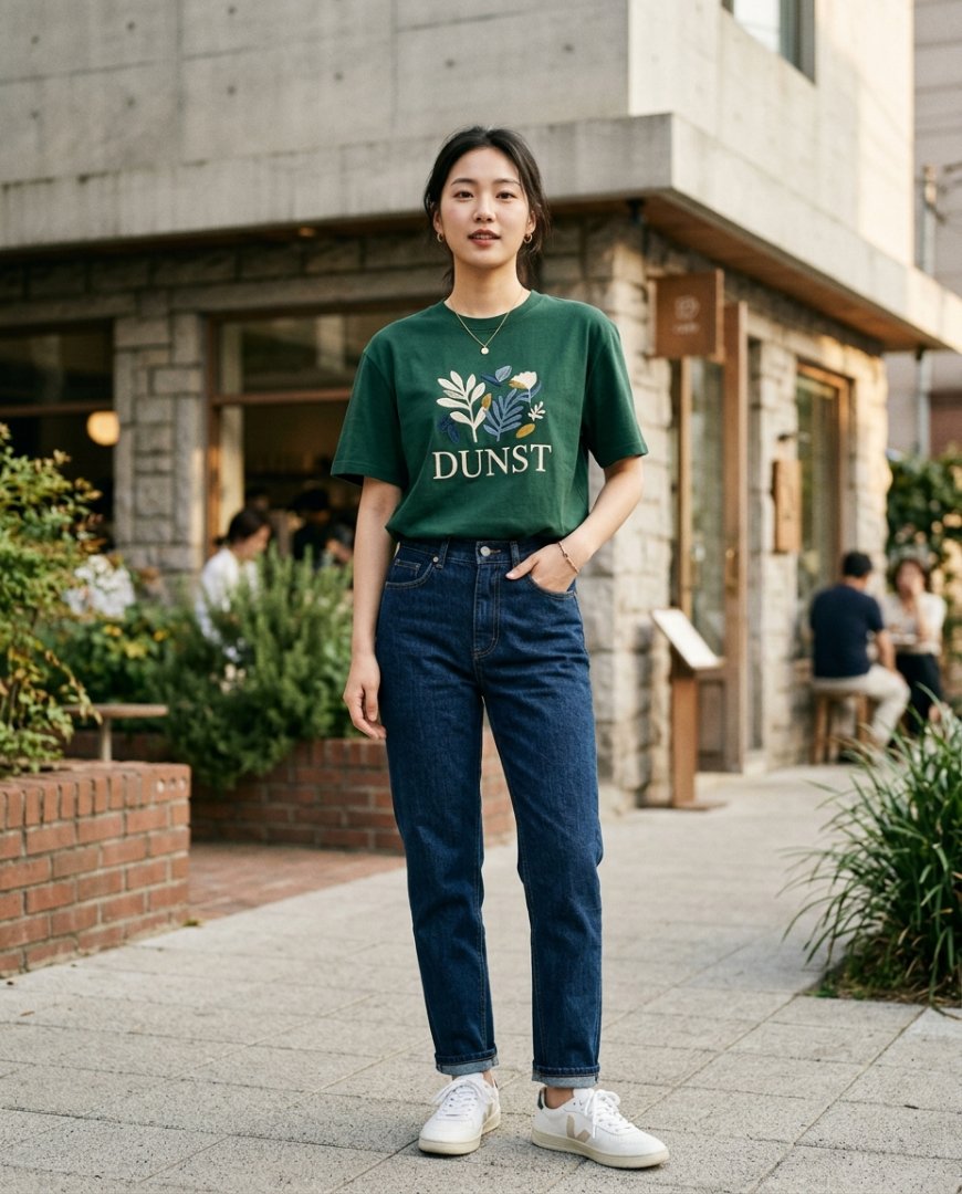 긴팔 티셔츠와 슬랙스를 레이어드해 입은 모습