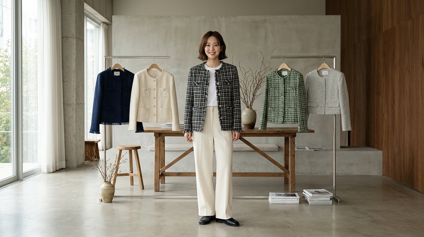도시 거리에서 트위드자켓과 겨울 코트를 입고 있는 인물